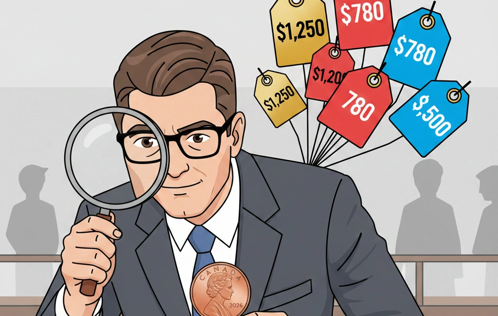 A man examining a Canadian penny under a magnifying glass at a coin auction table