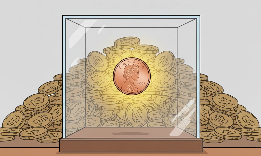 A Canadian penny glowing inside a transparent display case while casual coins fade into the background