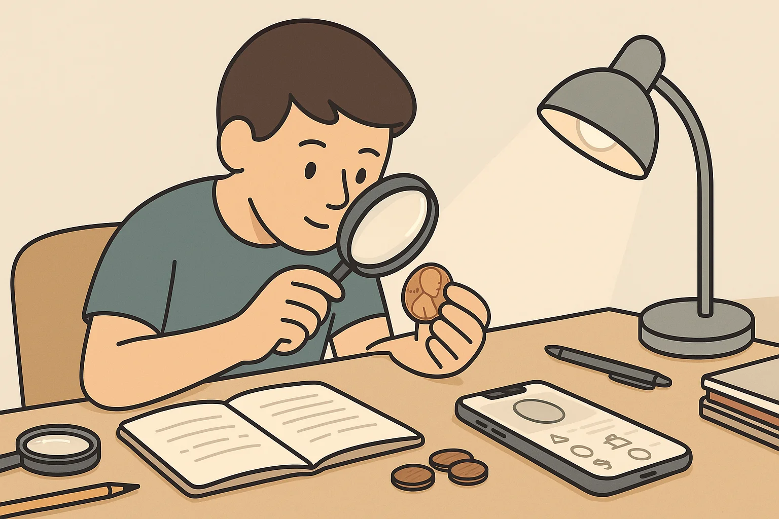 A beginner studies a coin via an app and handwritten notes.