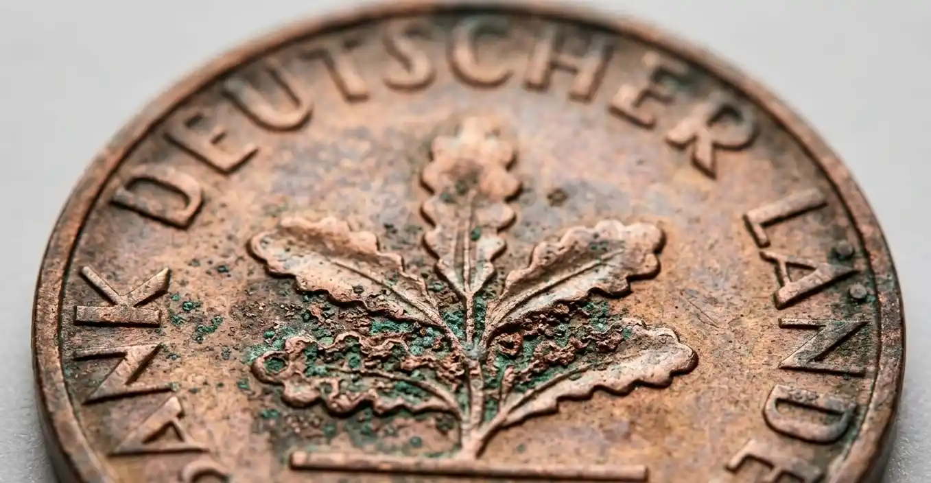 Extreme macro of pfennig coin surface